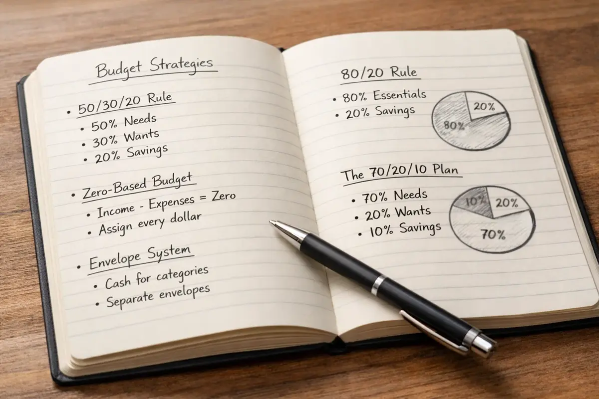 Notitieboek met verschillende budgetstrategieën uitgeschreven