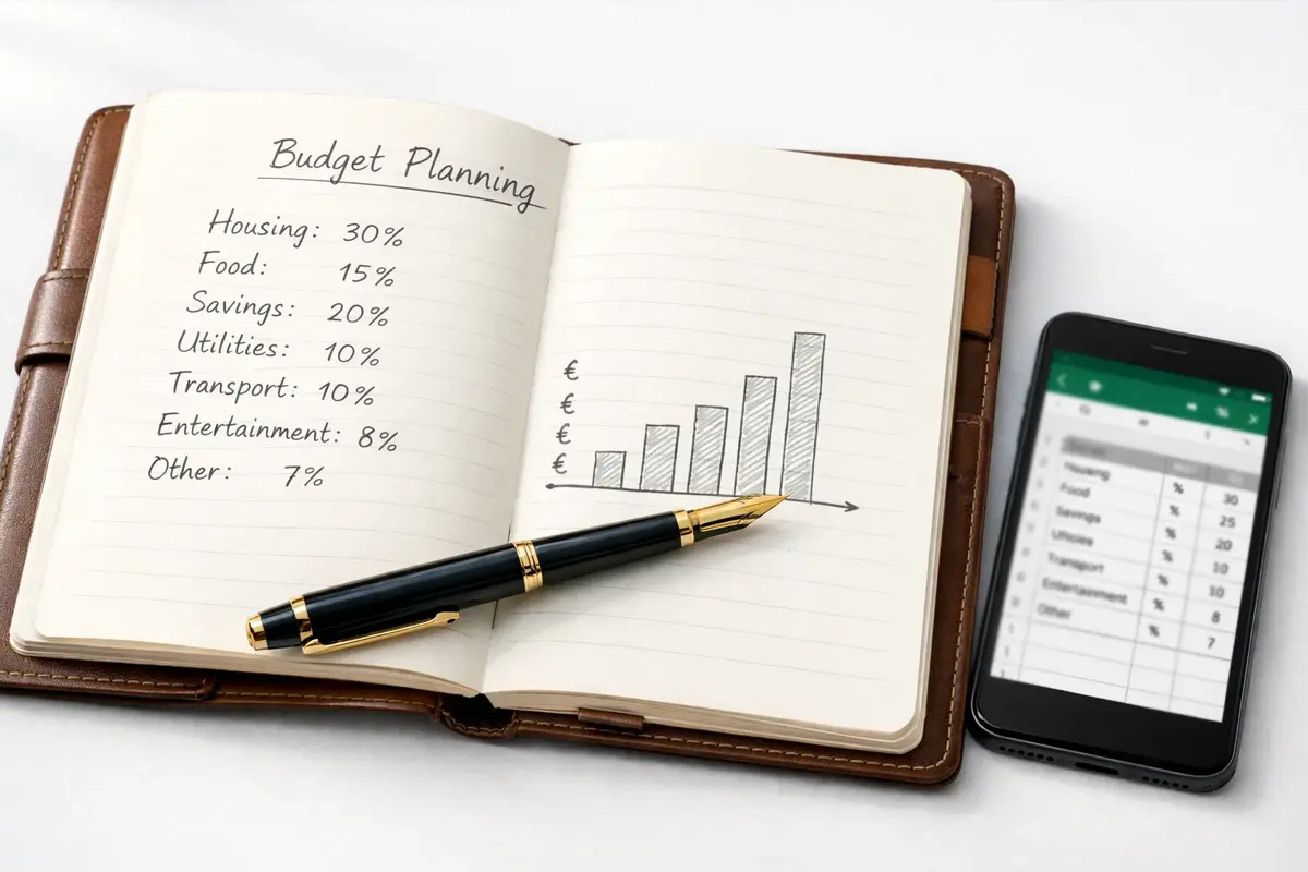 Open notitieboek met budgetplanning en een hand die schrijft