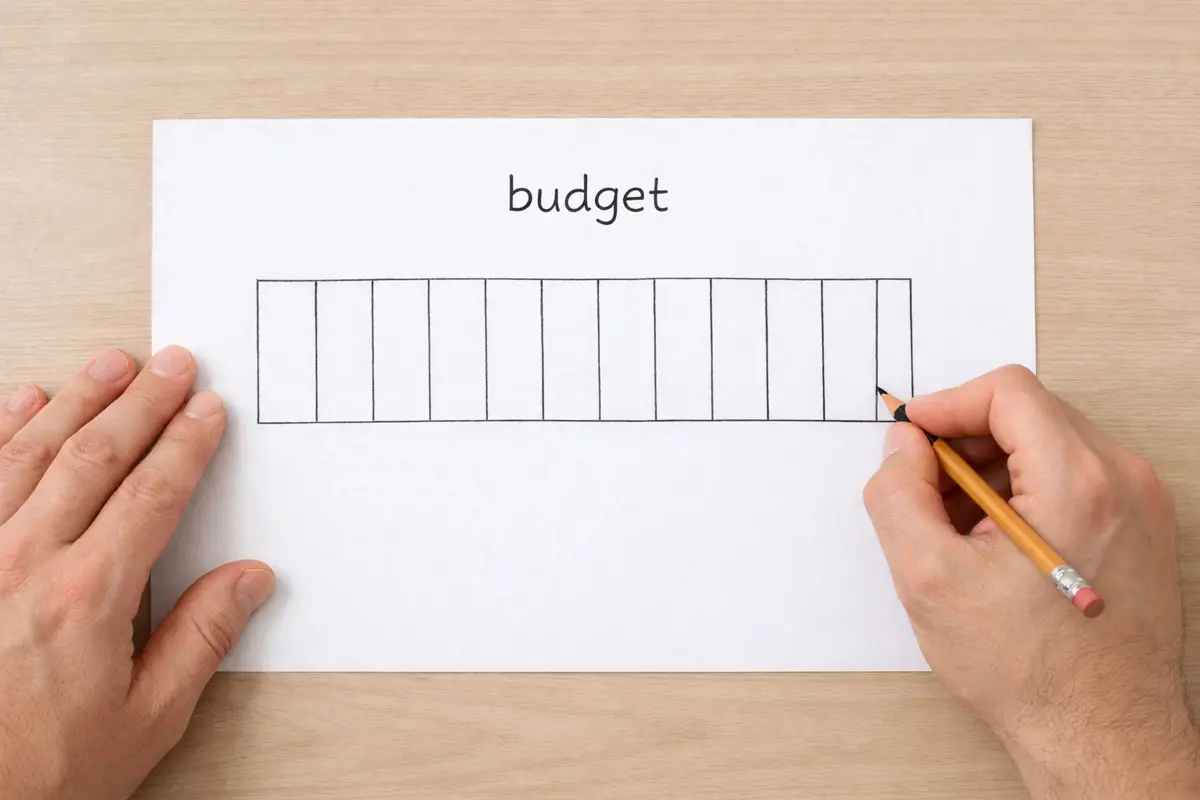 Persoon tekent verdeling van budget in gelijke delen op papier