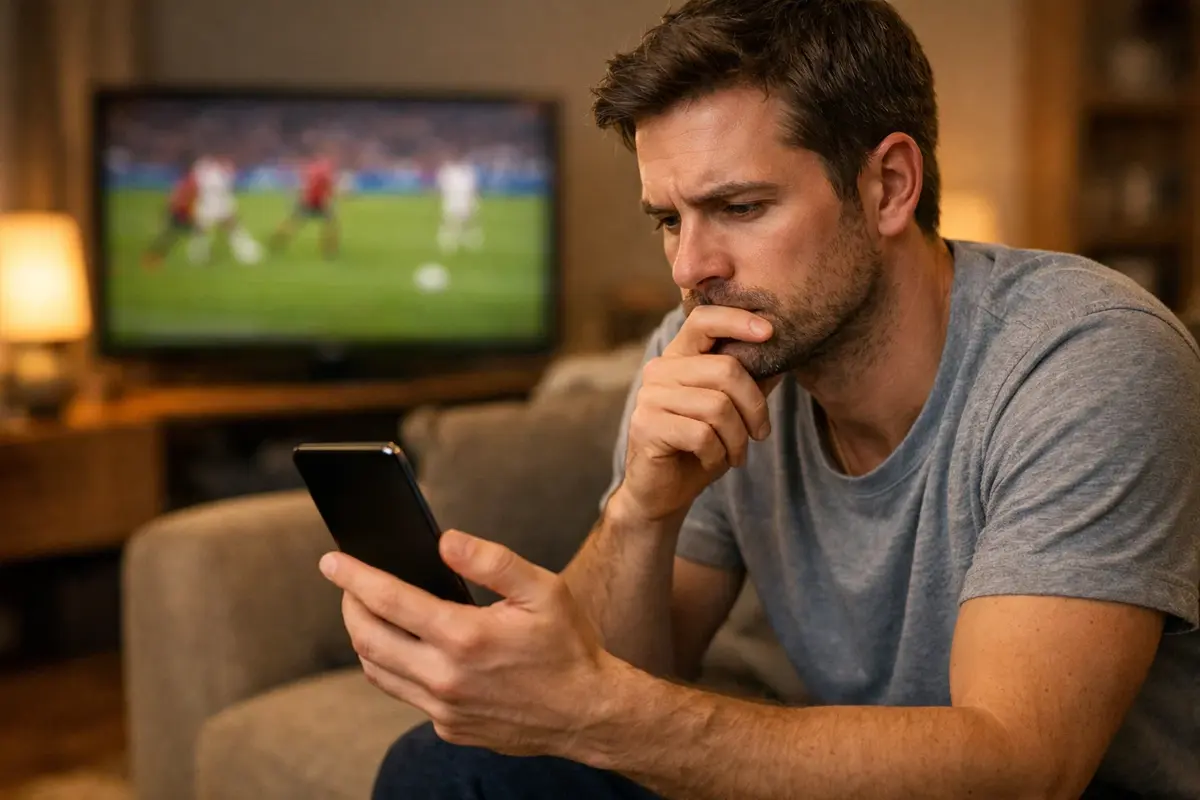 Man denkt na met smartphone in hand terwijl hij naar voetbal kijkt
