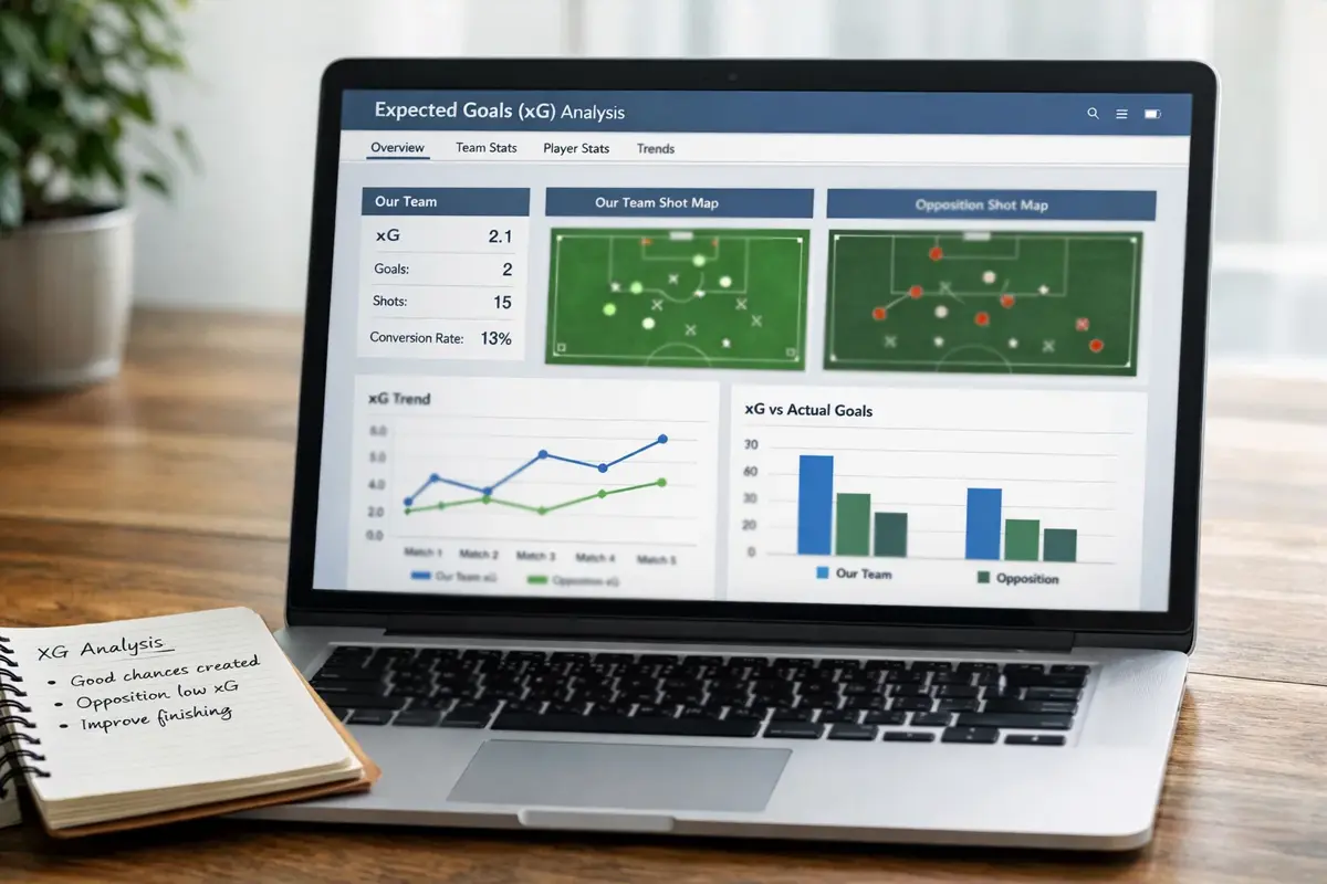 Laptop toont voetbal statistieken dashboard met expected goals data