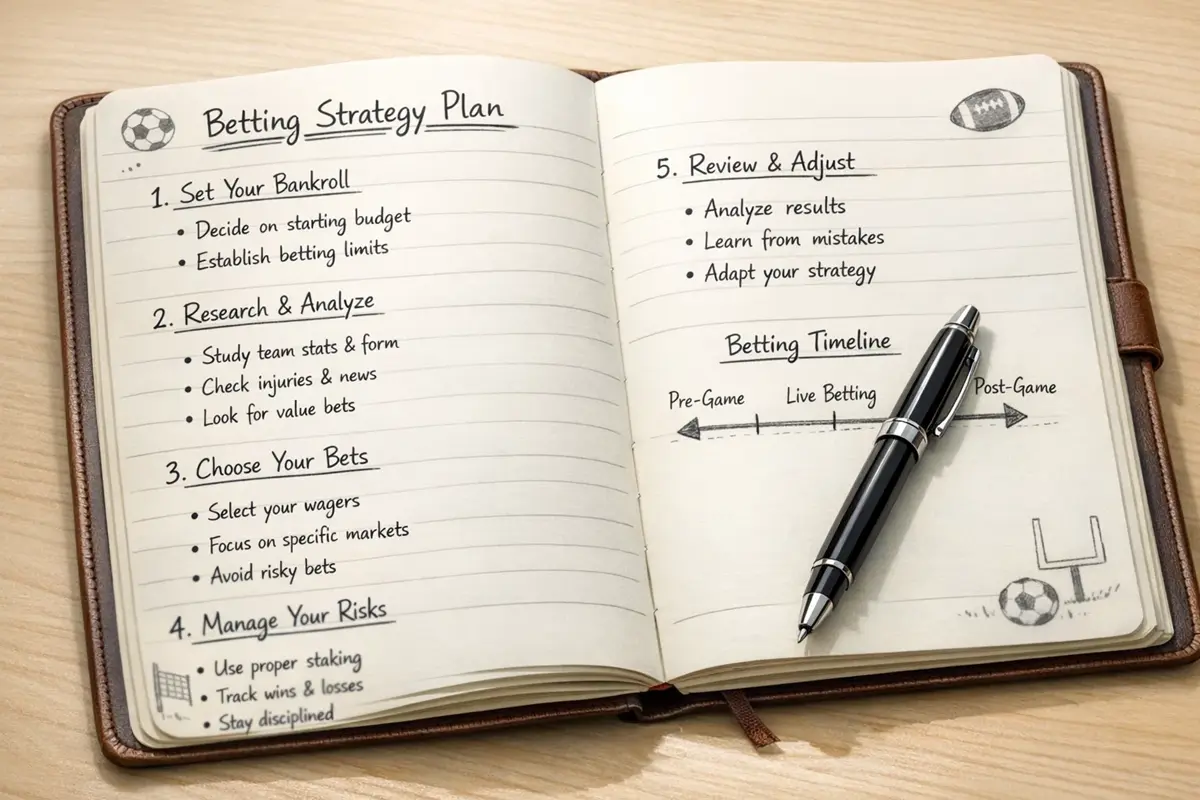 Stappenplan notitieboek met voetbalweddenschap strategie aantekeningen