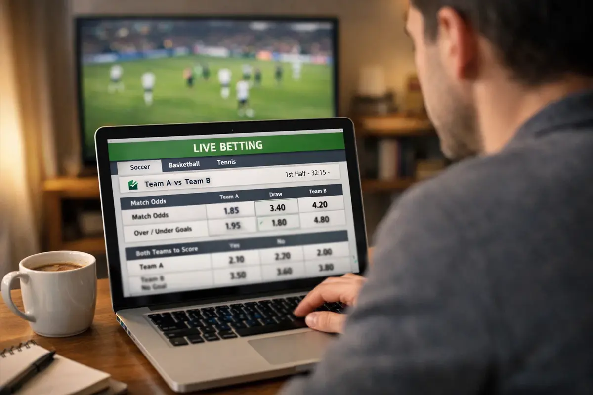 Persoon analyseert live odds op een laptopscherm tijdens een voetbalwedstrijd