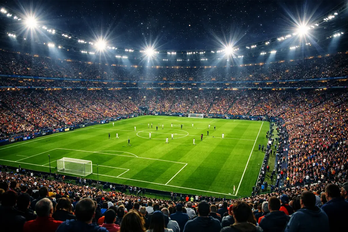 Voetbalstadion met supporters en verlichte grasmat tijdens avondwedstrijd