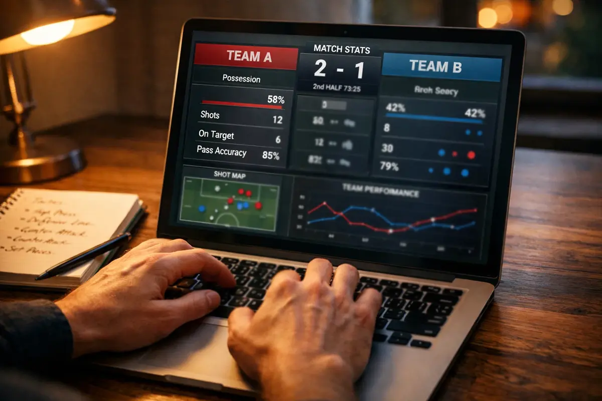 Persoon analyseert voetbalstatistieken op een laptop met notitieblok ernaast