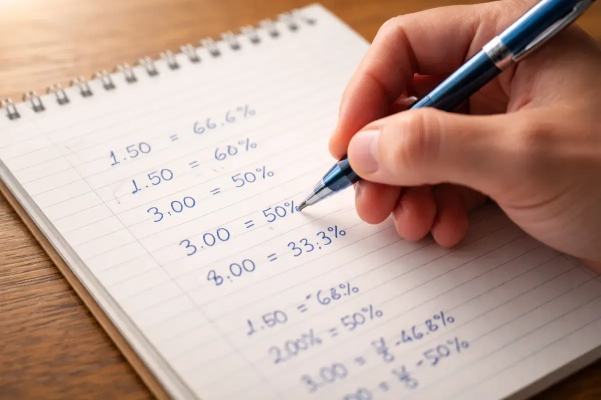 Hand schrijft berekeningen in een notitieboekje met decimale getallen