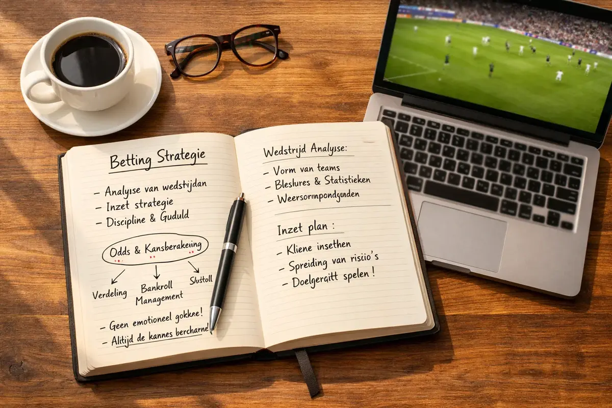Notitieboekje met wedstrategie notities naast een laptop met voetbalwedstrijd