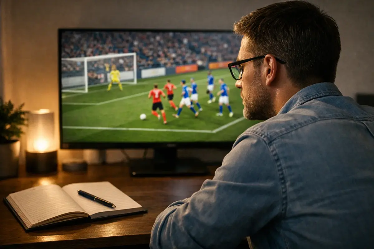 Geconcentreerde persoon bekijkt voetbalwedstrijd op scherm met aantekeningen
