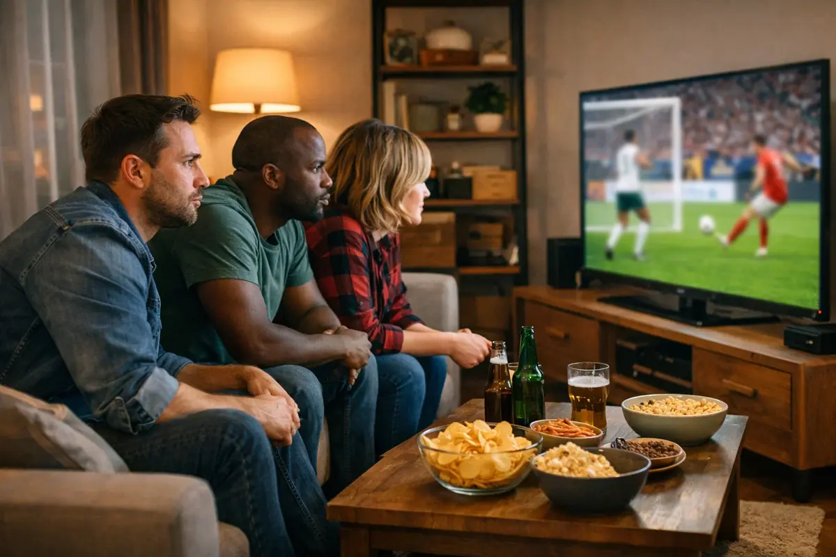 Groep vrienden kijkt geconcentreerd naar een voetbalwedstrijd op televisie