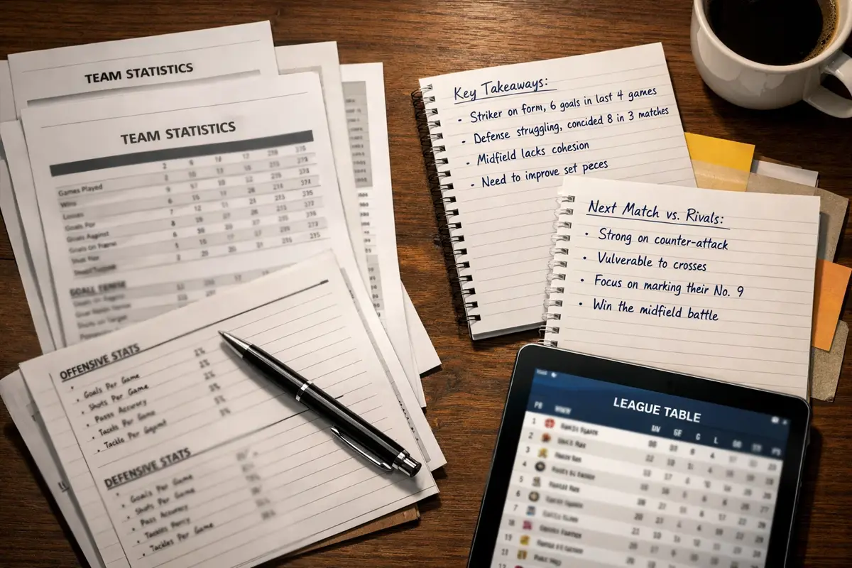 Stapel documenten en aantekeningen met voetbalgegevens en een pen