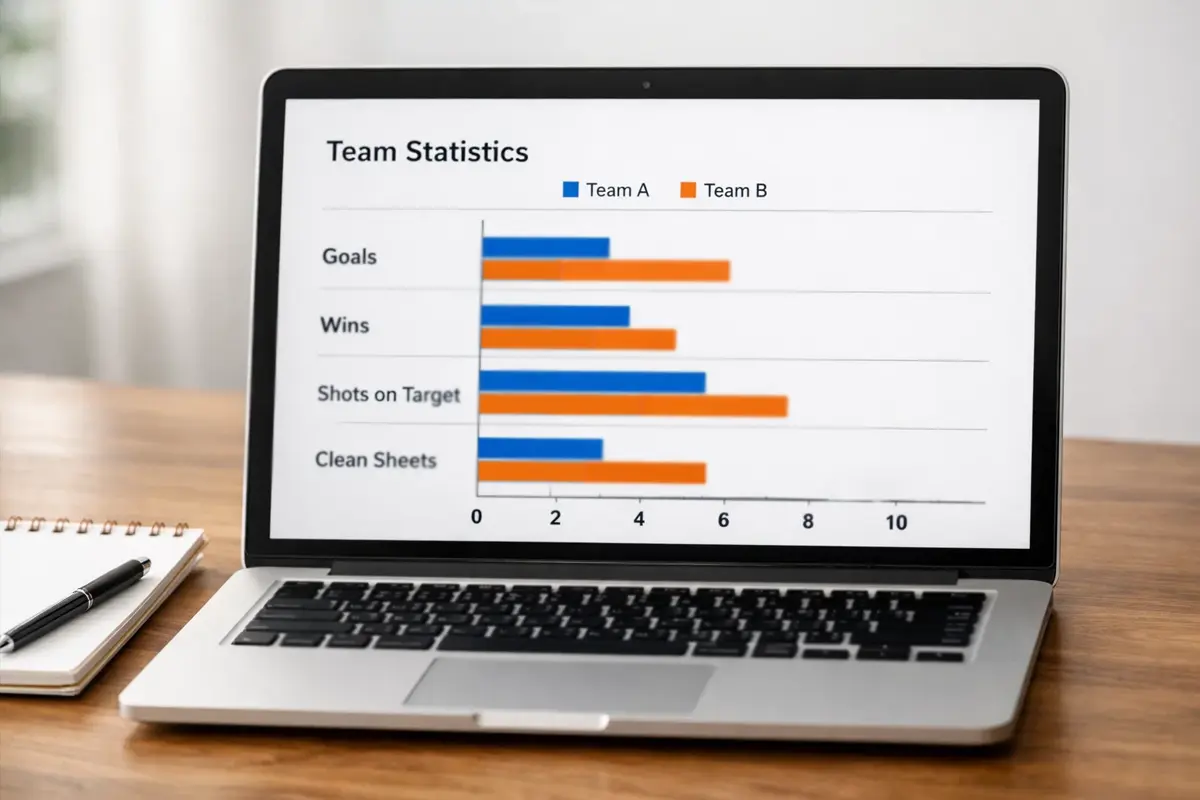 Laptop toont eenvoudige staafdiagram met teamstatistieken
