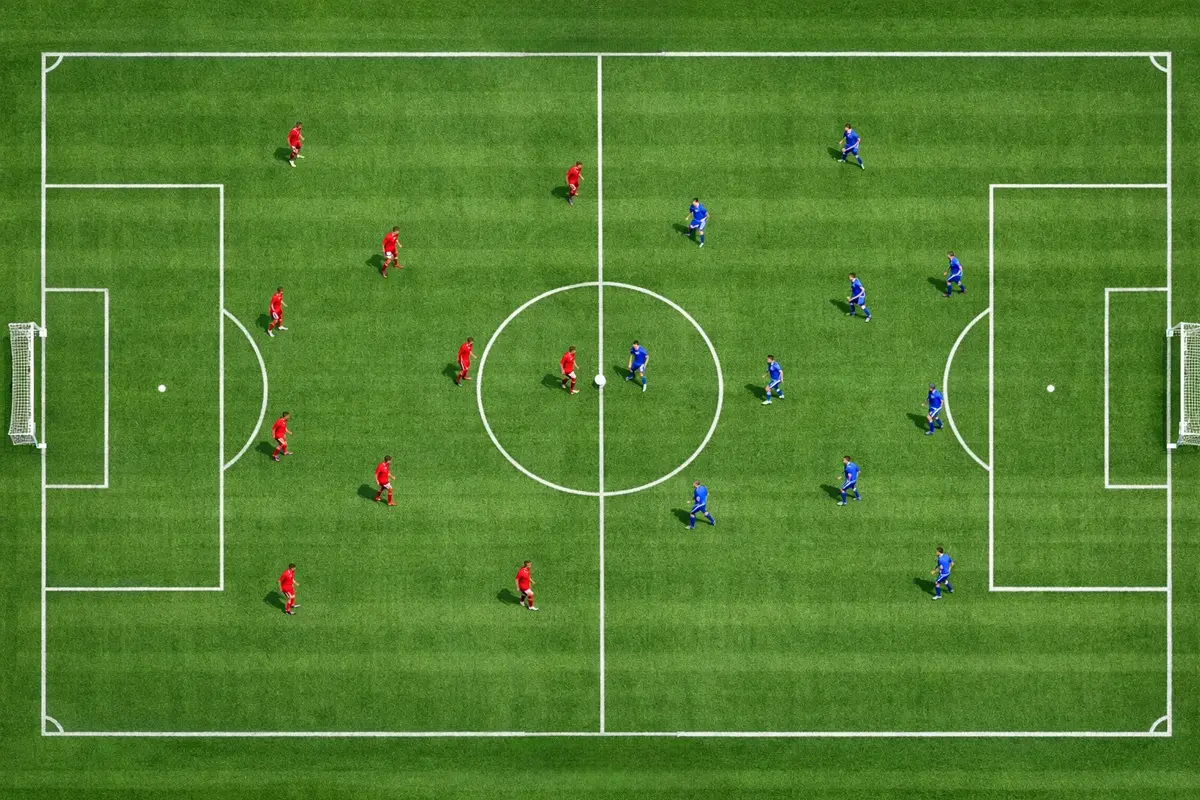 Bovenaanzicht van een voetbalveld met spelers in tactische formatie