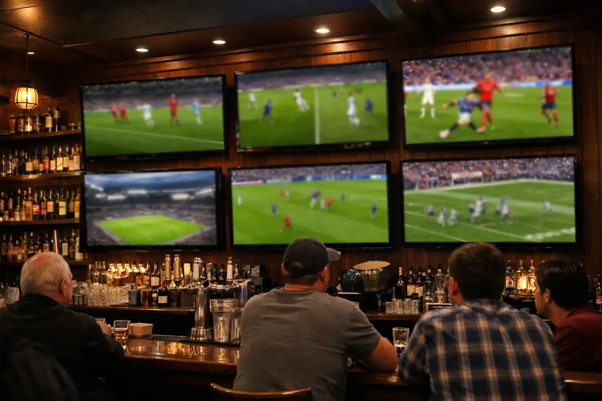 Meerdere voetbalwedstrijden tegelijk op schermen in sportbar