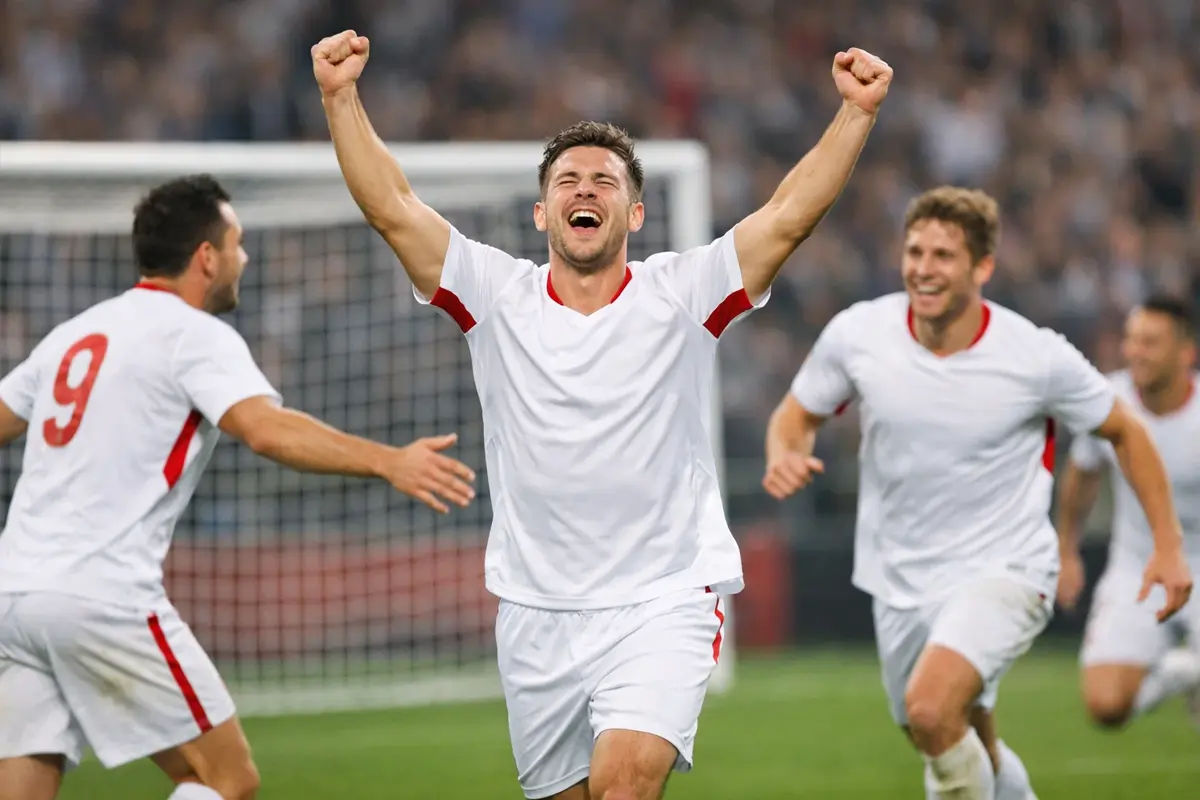 Voetbalspits viert doelpunt met teamgenoten op grasveld